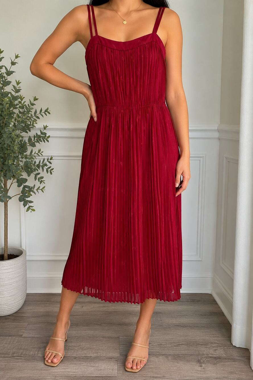 London Fog Red Pleated Midi Dress Logo Print Spaghetti Strap Women’s Vintage